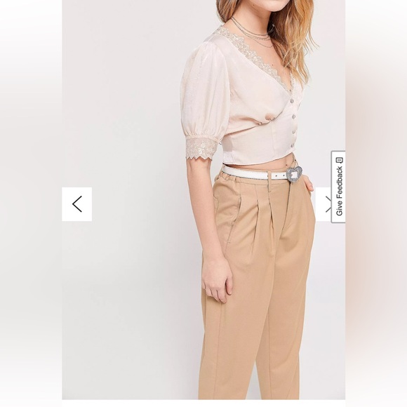 URBAN OUTFITTERS Isabella Lace Trim Satin Blouse Blush Peach Short Sleeve SZ Med - Picture 5 of 16